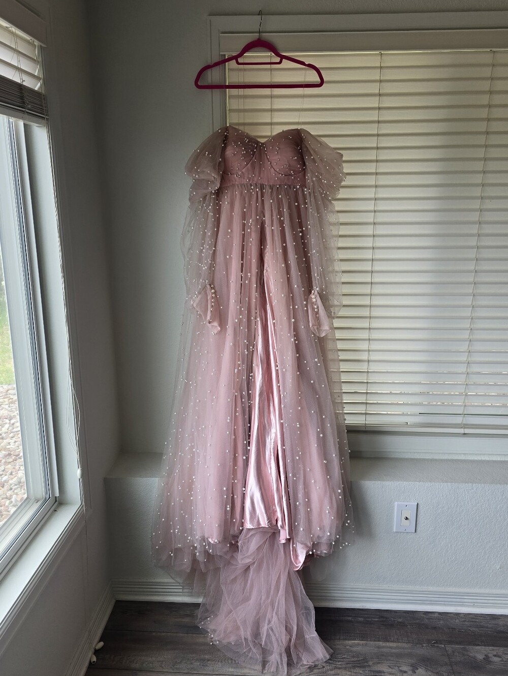 Pink Tulle Maternity Open Belly Dress with Pearl Embellishments